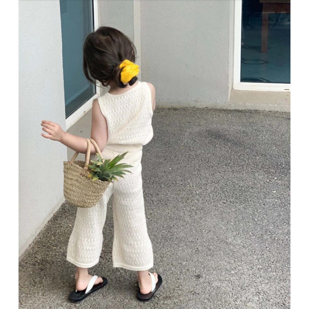 Girl's Clothing Set 2023 Summer Korean Thin Knitted Girl's Set Hollow Breathable Vest + Wide Leg Pants Two-piece 