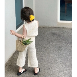 Girl's Clothing Set 2023 Summer Korean Thin Knitted Girl's Set Hollow Breathable Vest + Wide Leg Pants Two-piece 