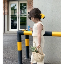 Girl's Clothing Set 2023 Summer Korean Thin Knitted Girl's Set Hollow Breathable Vest + Wide Leg Pants Two-piece 