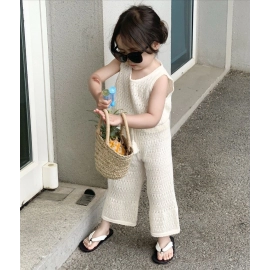 Girl's Clothing Set 2023 Summer Korean Thin Knitted Girl's Set Hollow Breathable Vest + Wide Leg Pants Two-piece 