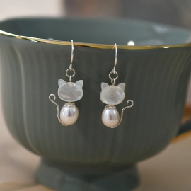 Genuine Natural Freshwater Pearl 925 Sterling Silver Shell Cat Earrings for Girls Gift