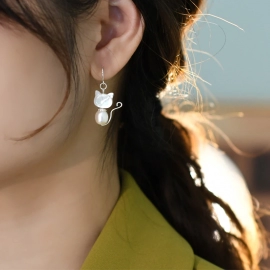 Genuine Natural Freshwater Pearl 925 Sterling Silver Shell Cat Earrings for Girls Gift