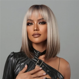 Short Straight Synthetic Wigs Brown  with Bangs Wigs for Black Women  Natural Hair Wig Heat Resistant Fiber