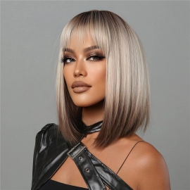 Short Straight Synthetic Wigs Brown  with Bangs Wigs for Black Women  Natural Hair Wig Heat Resistant Fiber